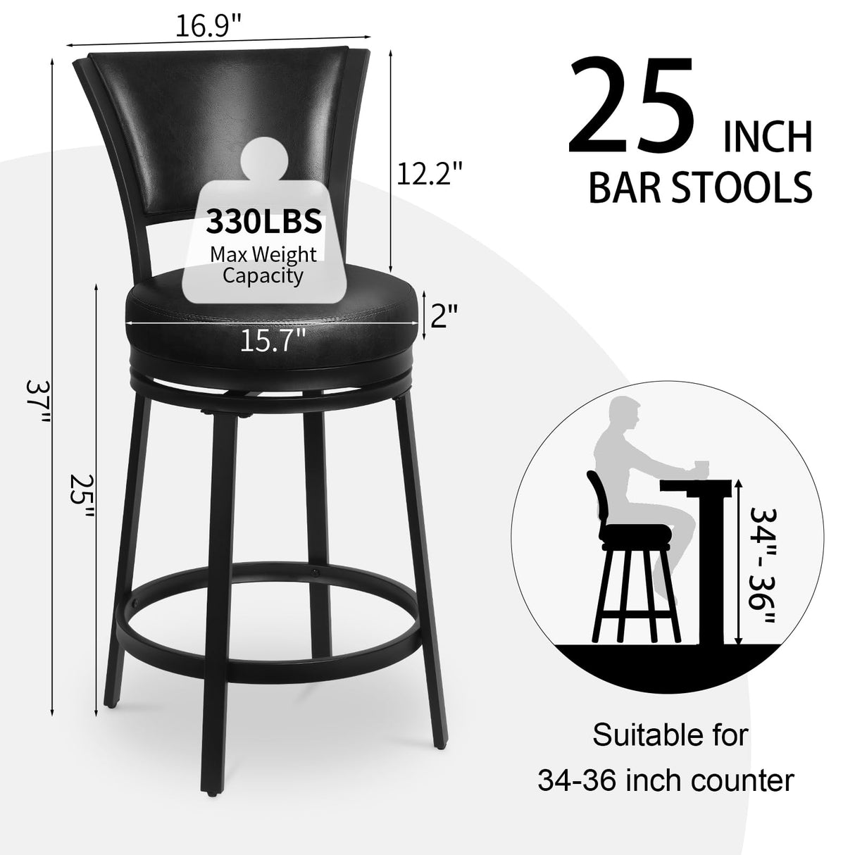FLYZC Bar Stools, Counter Height Barstools Set of 2, 25" Faux Leather Metal Round Swivel Bar Chairs with Back, Modern Upholstered Counter Stools for Kitchen Island, Black FLYZC