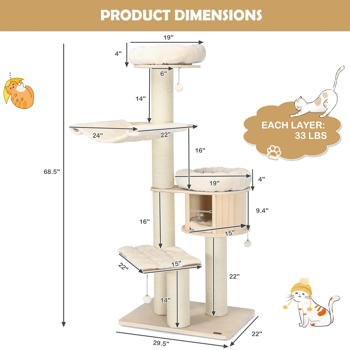 Tangkula Modern Cat Tree, Multi-Level Large Cat Tower w/Cat Condo, Hammocks & Hanging Basket, Tall Cat Tree w/Sisal Posts, Washable Cushions, Wood Cat Trees and Towers for Indoor Large Cats Tangkula