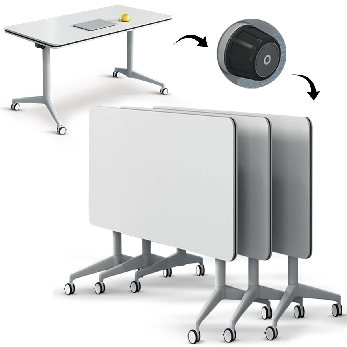 Conference Table Flip Top Mobile Training Table,White Folding Conference Room Table,Modular Meeting Table with Silent Wheels,Rounded Corner Design with Strong Metal Legs for Office,Classroom (3PCS) Goakwwuz