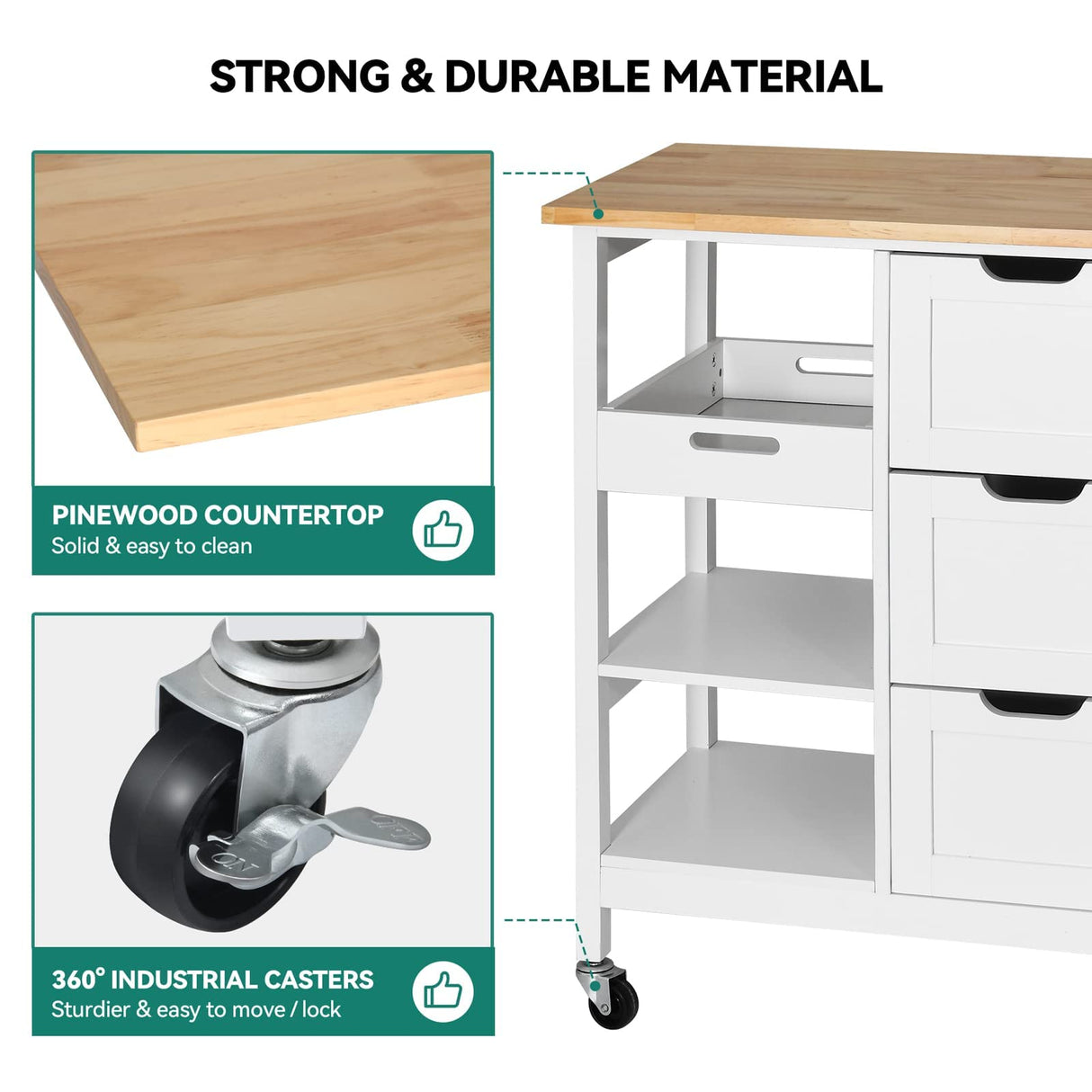 YITAHOME Small Solid Wood Top Kitchen Island Cart on Wheels with Storage, Rolling Portable Dining Room Serving Utility Carts Mobile Movable with 3 Drawers Cabinet, Oak & White YITAHOME