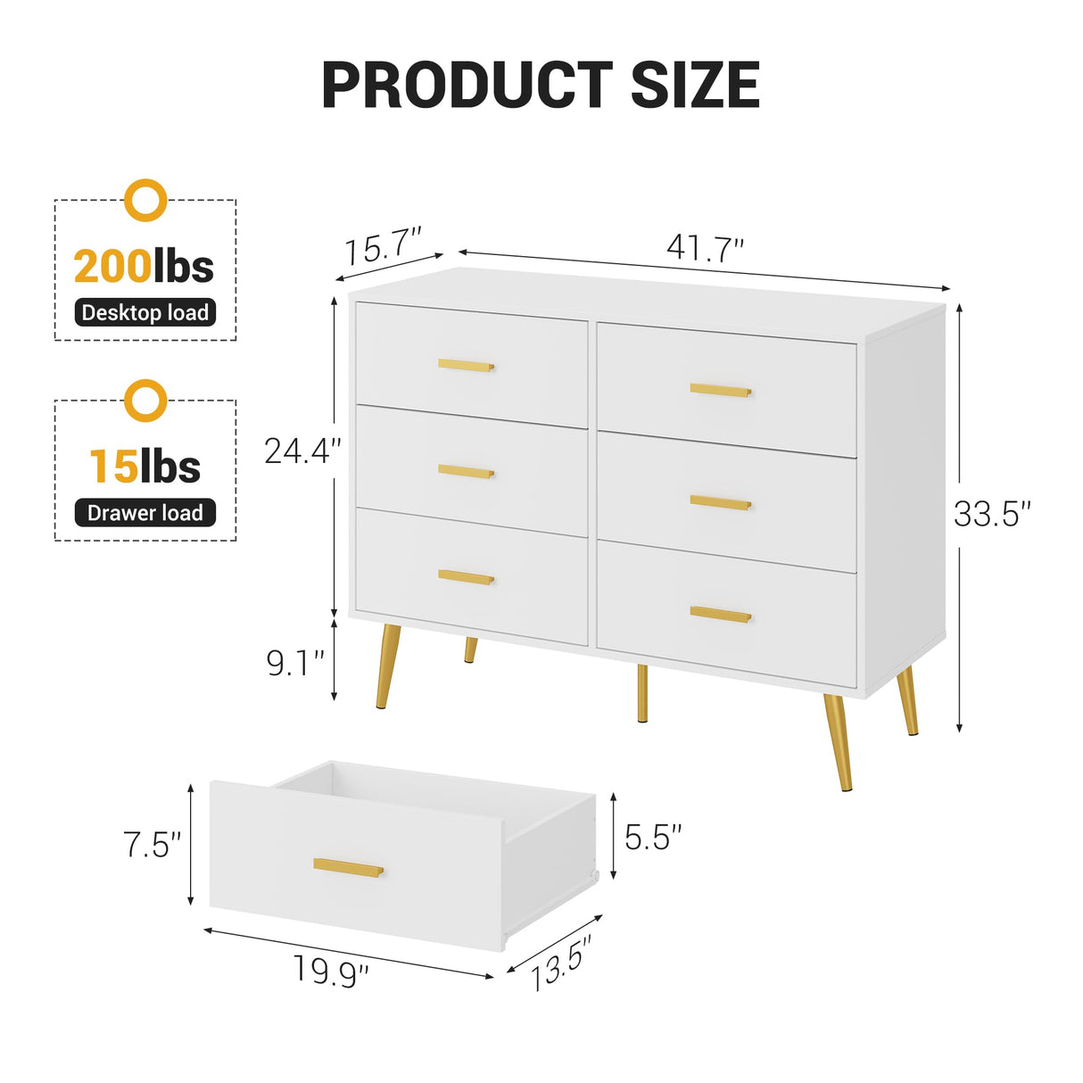 GarveeHome 6 Drawer Dresser, Modern Wooden Dresser with Gold Handles and Storage Space, Chest of Drawers for Bedroom, Hallway, Living Room and Entryway, White GarveeHome