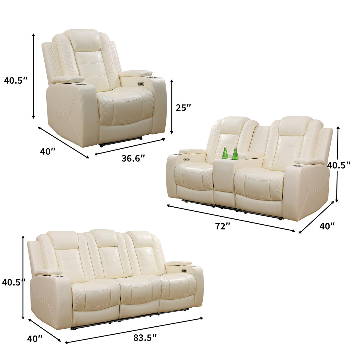 Living Room Sofa Set Reclining Breathing Leather Dekmxas Living Room Furniture Set Sofa, Loveseat with Storage Console/Cup Holders/LED Light/USB Port for Apartment, Office(Creamy White, Sofa+loveseat) Dekmxas