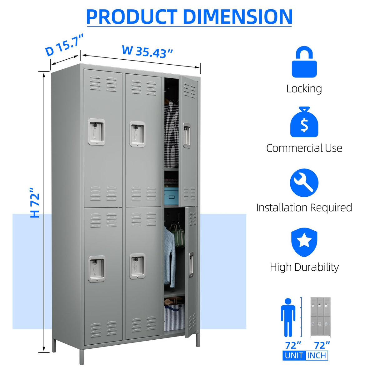 SUXXAN 6 Doors Metal Locker Combination with 12 Hooks,Industries Double Tier Metal Storage Locker for School Office Gym Home Employees Staff Sundries Room W35.43*D15.7*H72(LIGHT GREY) SUXXAN