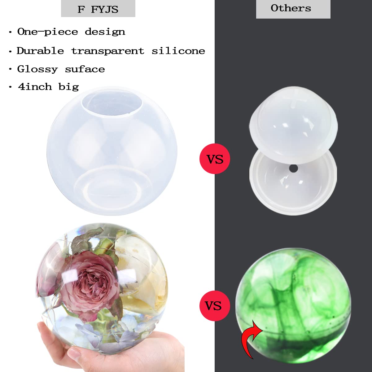 4inch Large Sphere Resin Mold Silicone,One-Piece Design 3D Round Ball Silicone Molds for Resin Art,Epoxy Resin,Candle Wax, Soap, Bath Bomb, Cement, Plaster F FYJS