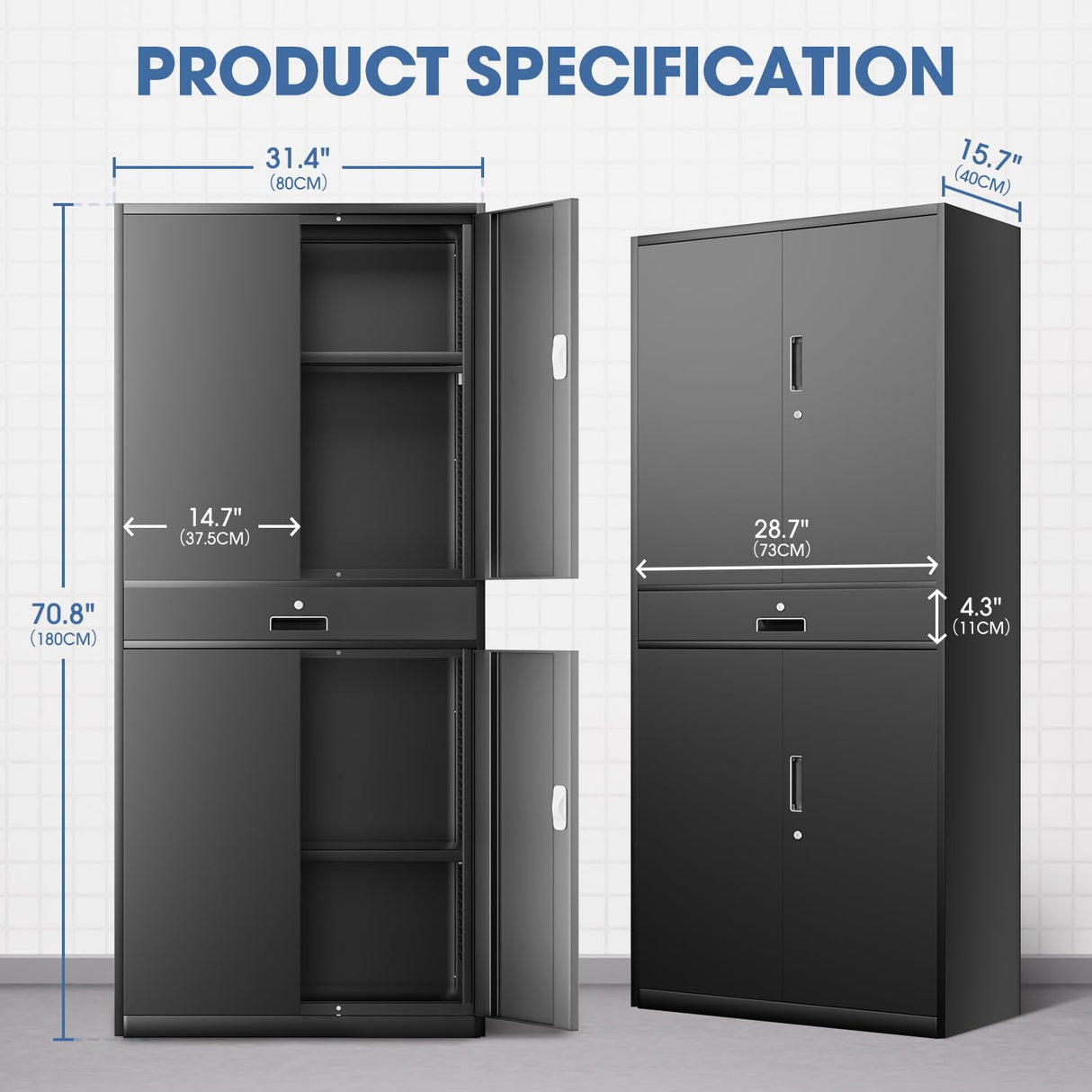 DNA MOTORING 71'' Metal Storage Cabinet, Locking Tool Cabinet with 1 Drawer and Adjustable Shelves, Lockable Heavy Duty Metal Locker for Garage,Office,Home,Gym, Black, TOOLS-00629-BK-BK-A DNA MOTORING