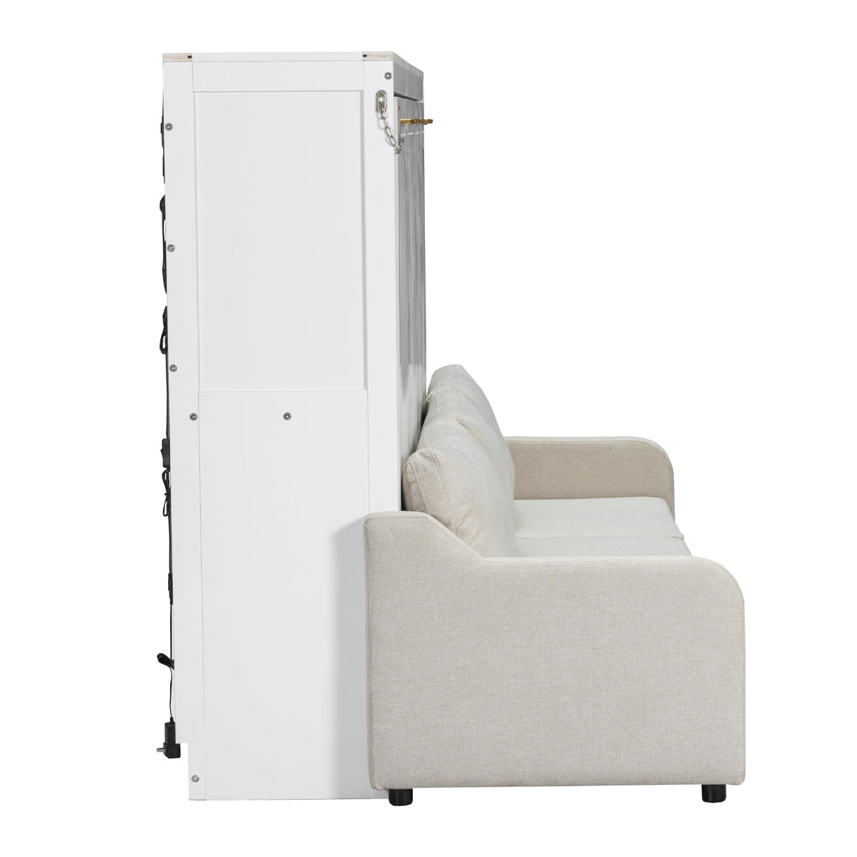 Polibi Full Murphy Cabinet Bed with Folding Sofa & Storage Shelves,LED Light,Solid Wood + MDF,No Box Spring Needed,Space Saving,87.7" L x 60" W,White+Beige Polibi