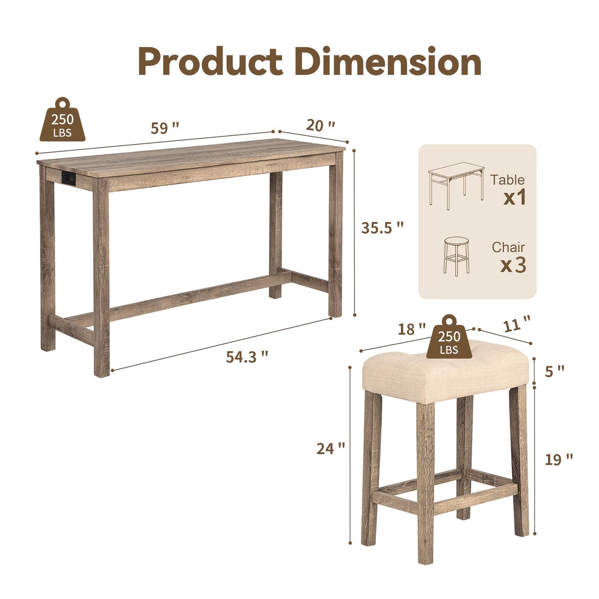 YWUFUART 59" Counter Height Bar Table Set with Power Outlet, Industrial Breakfast Table with 3 Padded Stools, 4 Piece Bar Table and Chairs Set for Living Room, Dining Room, Brown YWUFUART