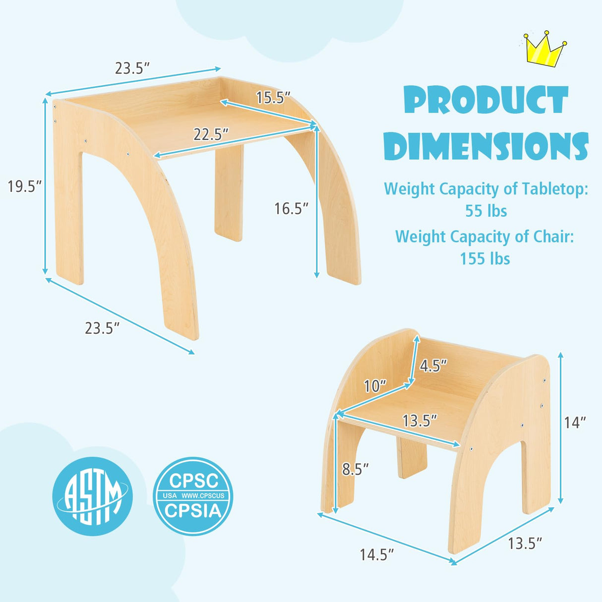 Costzon Kids Table and Chairs, Montessori Weaning Wooden Desk and Chair w/Wide Tabletop, Curved Edges, Space-Saving Design for Kids' Room, Nursery and Playroom, Toddler Table and Chair Set (Natural) Costzon