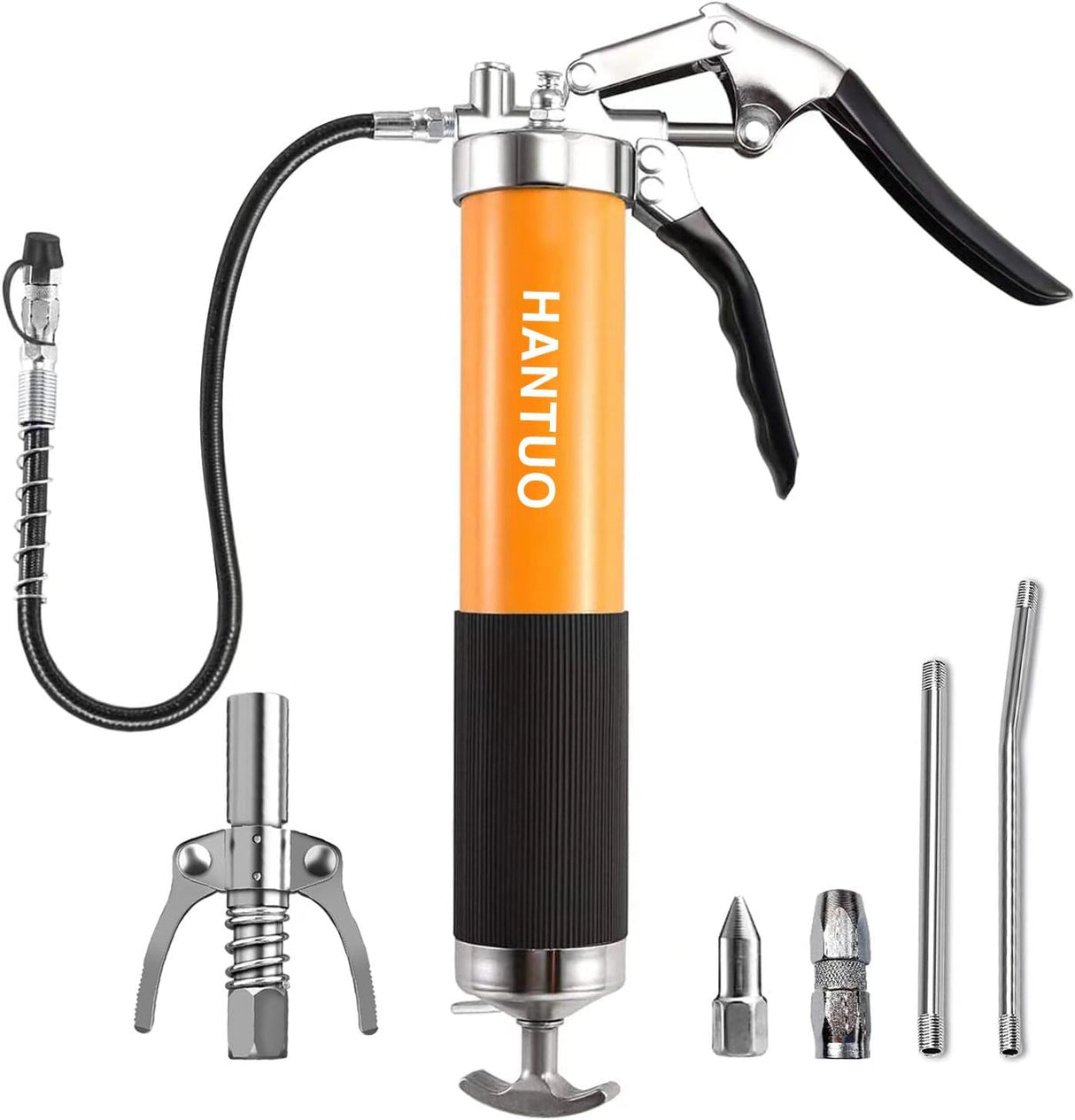 Grease Gun with Quick Release Coupler, 8000 PSI Heavy Duty Pistol Grip Grease Gun Kit, 14 oz Load, 18 Inch Spring Flex Hose, 2 Grease Couplers, 2 Extension Rigid Pipes and 1 Sharp Easy Operation HANTUO