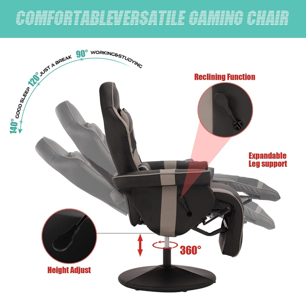 LVUYOYO Reclining Gaming Chair, Gaming Chair with Footrest and Massage, High Back PU Leather Gaming Recliner w/Adjustable Height, Swivel Game Chair with Lumbar Support, Cup Holder, Headrest LVUYOYO