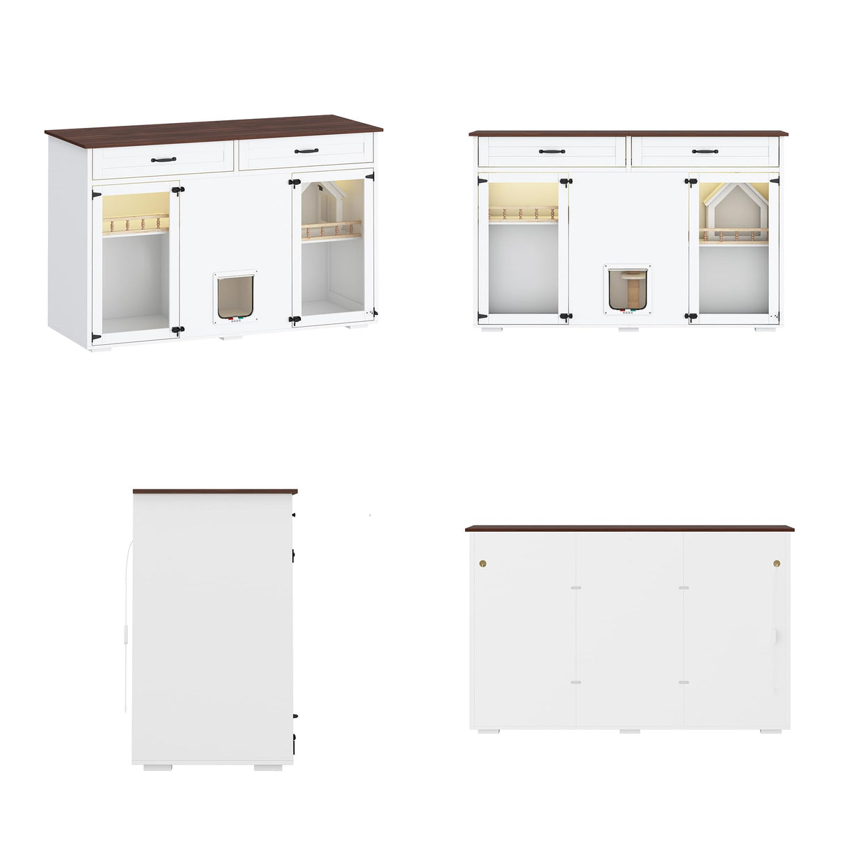 DAWNSPACES Enclosed Cat Litter Box Enclosure, Hidden Kitty Litter Furniture with 2 Large Drawers, 2 Glass Doors, LED Light and Cat Scratching Post DAWNSPACES