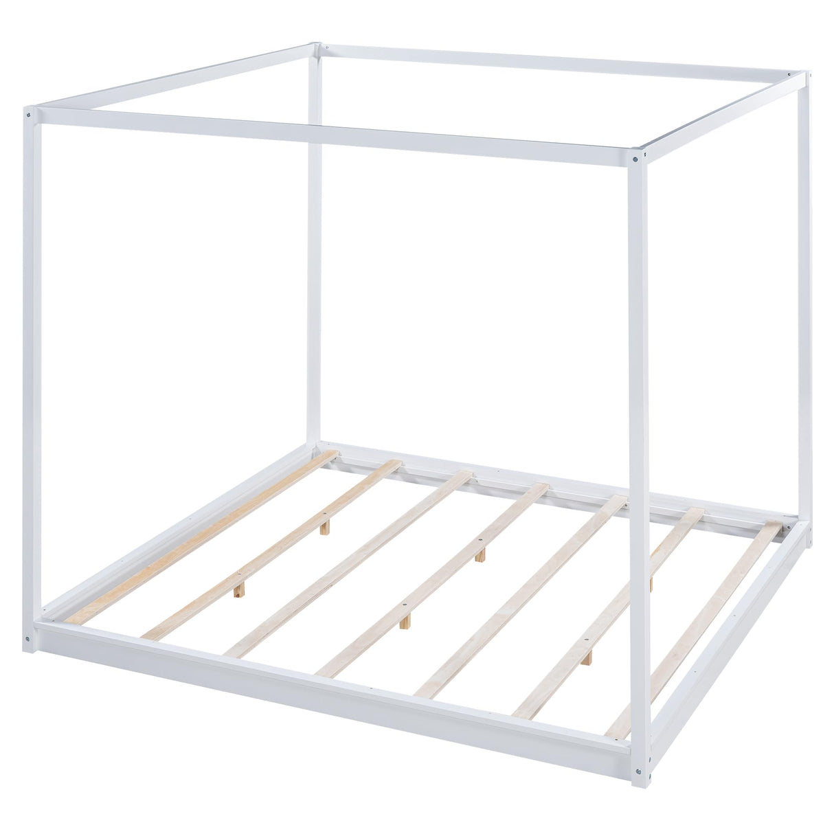 Merax Wooden Canopy Platform Bed Frame King Size Floor Bed/Mattress Foundation with Slat Support White Merax