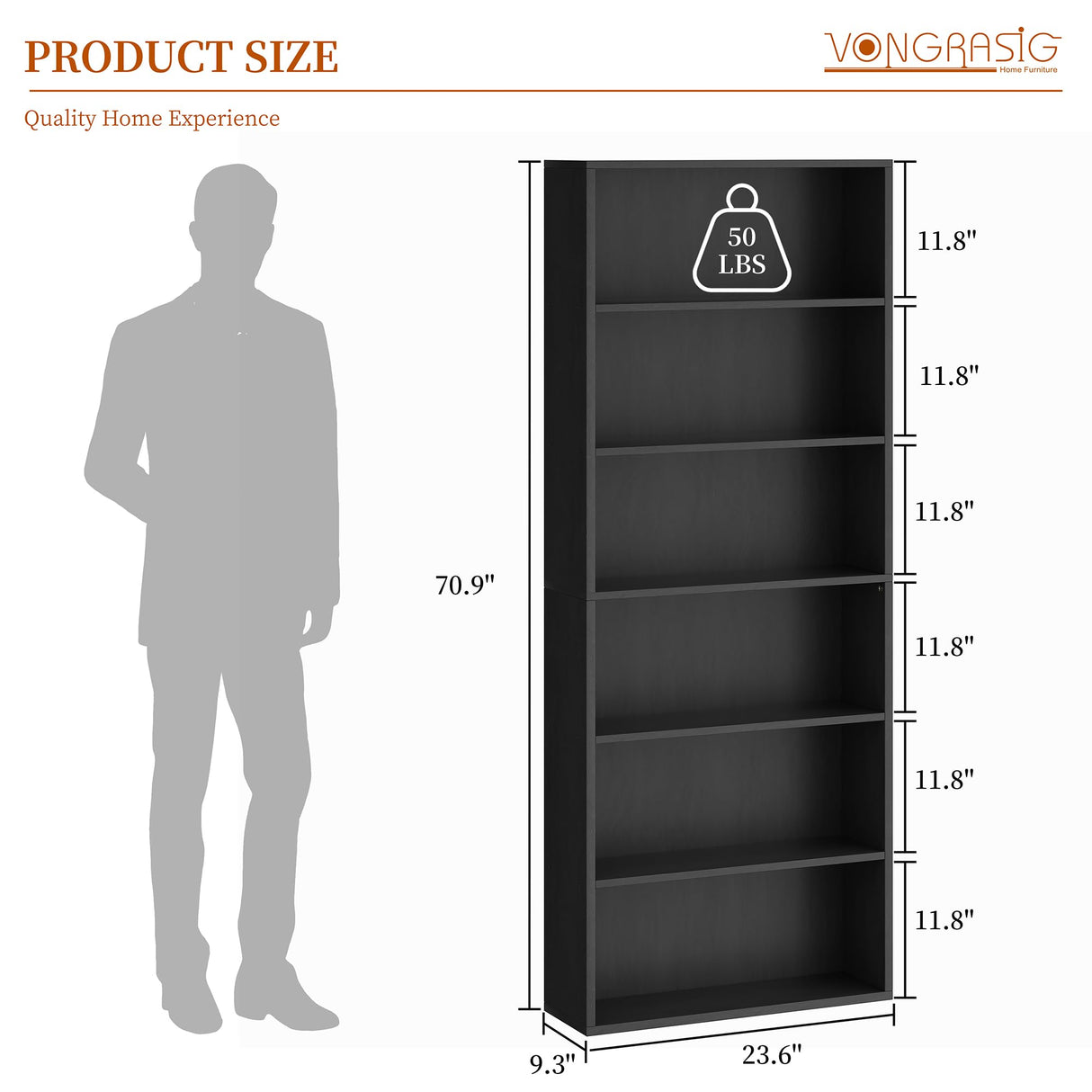 Vongrasig 6-Tier Open Bookcase and Bookshelf, Floor Standing Wood Display Storage Shelves 71 Inch Tall Bookcase Home Decor Furniture for Home Office, Living Room, Bed Room, Black Vongrasig