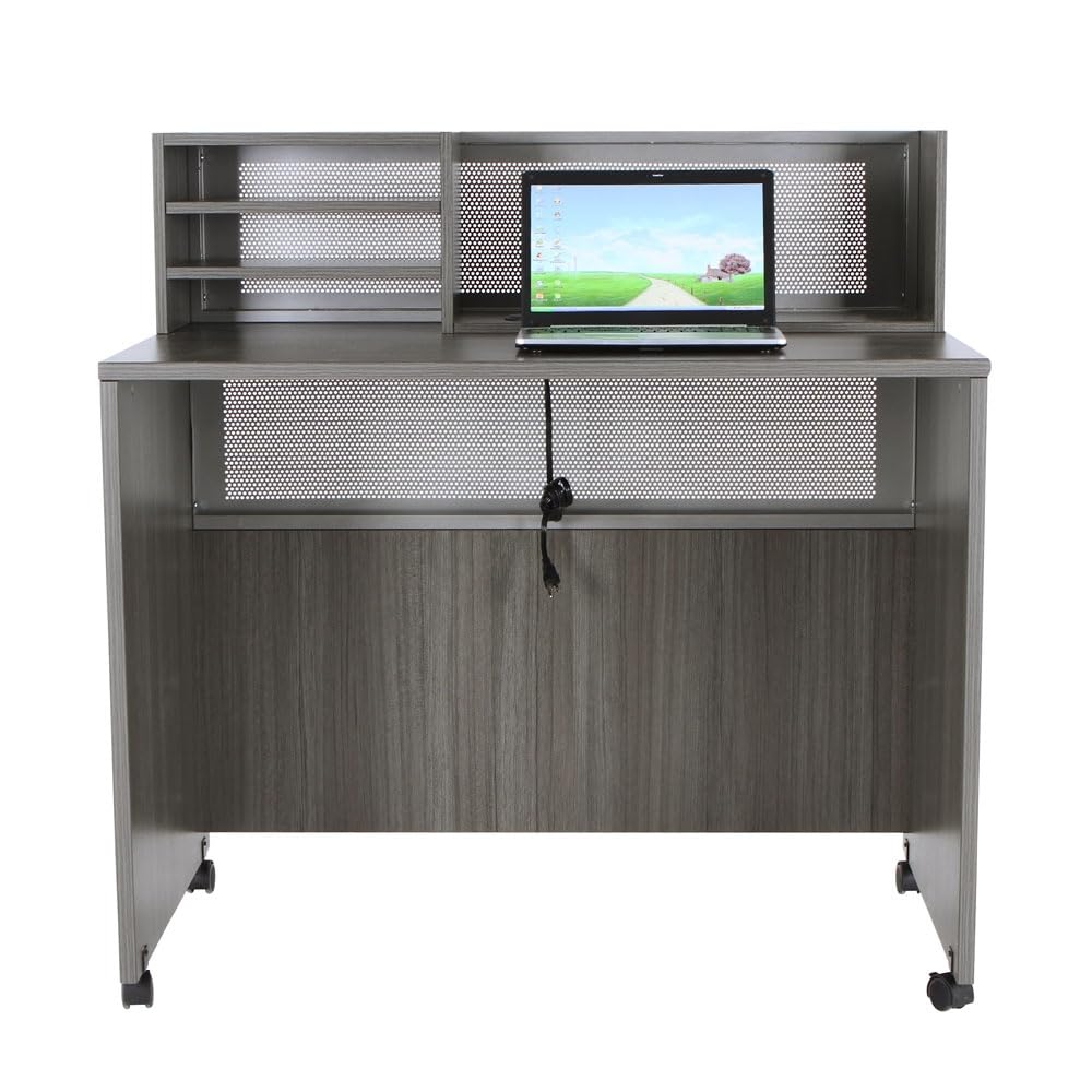 nbf signature series Modern Reception Desk - at Work Mobile Standing Height Checkout Counter Station - 48" W x 30" D Gray Laminate for Front Desk Use and Reception Counter nbf signature series