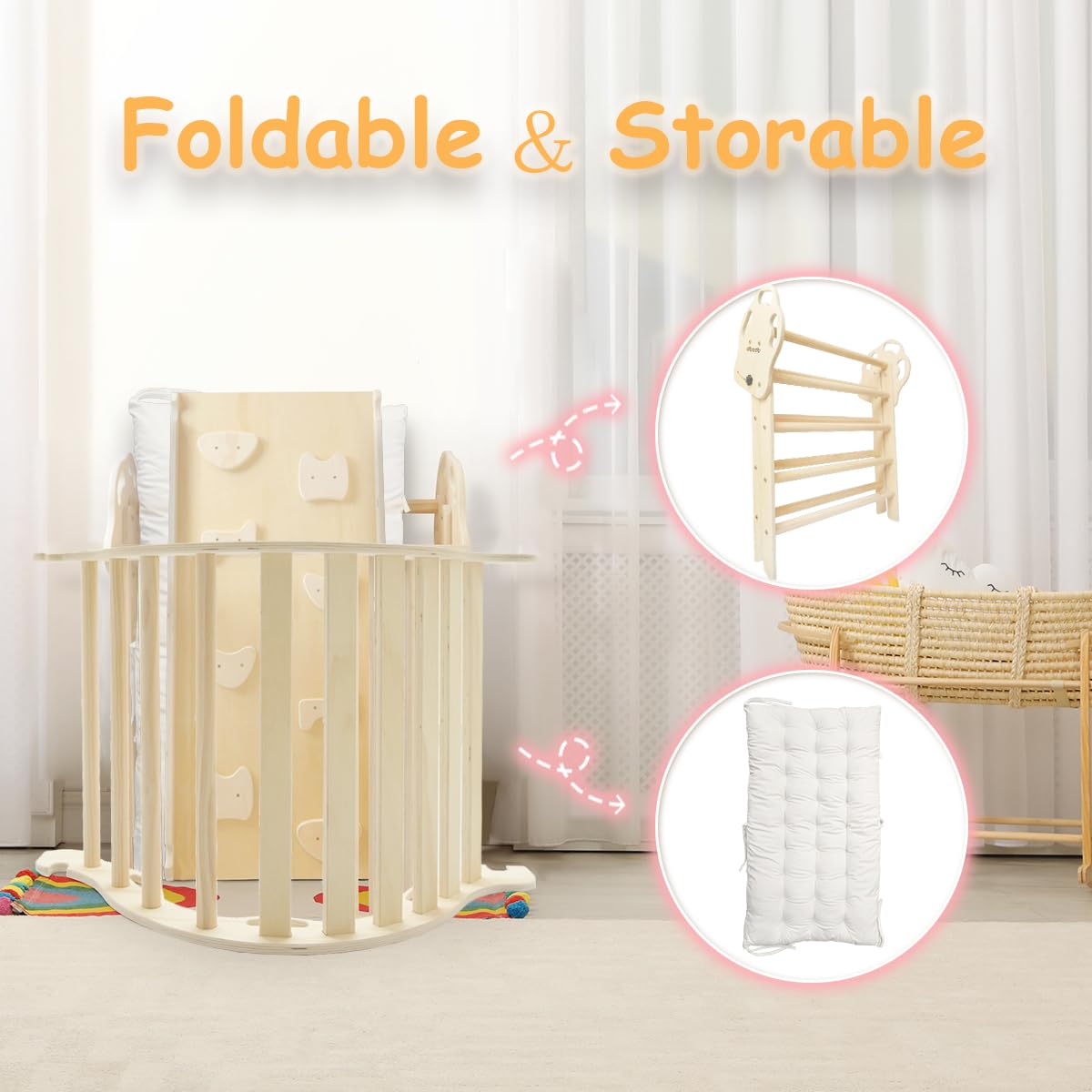 Pikler Triangle Set 7in1 Montessori Foldable Wooden Baby Climbing Toys for Toddlers 18months-6years Inside Jungle Play Gym for Kids,Indoor Playground with Ramp,Arch and Ladder dbodb