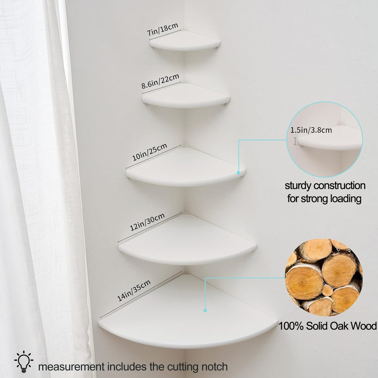 Corner Shelf, White Solid Oak Wood Floating Corner Shelf Wall Mount Round End Floating Speaker Shelf Display Shelf for Small Plant Photo Frame (White, 7in) Conamily