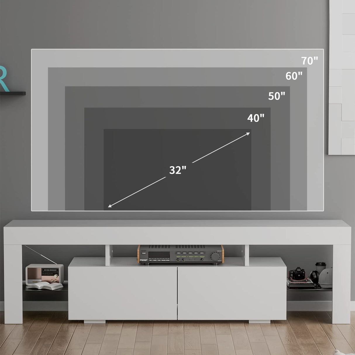 YESHOMY Modern LED TV Stand for Televisions up to 70 Inch with Glass Shelves and Drawer, Gaming Entertainment Center with Multiple Dynamic RGB Modes, for Livingroom, Bedroom, 60 Inch, White YESHOMY