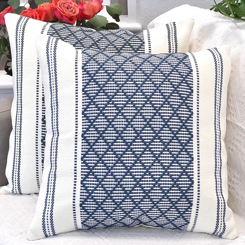 Oveesha Cotton Woven Designer Throw Pillow Cover (Color: Navy Blue/Cream White, 20 x 20 inches) Single Piece/Square Geometric Cushion Cover Oveesha