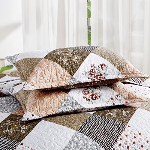 Dinjoy Floral Plaid Patchwork Quilt Set Twin Size, Reversible Brown Bedding Set Soft Microfiber Lightweight Bedspread Coverlet 3 Piece Fall Autumn Summer Use (68x86 inches) Dinjoy