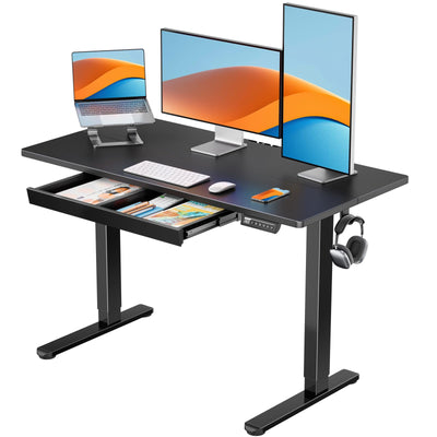 ErGear Standing Desk with Drawer, 48 x 24 inch Electric Height Adjustable Desk with 4 Preset Heights & 2 Storage Hooks, Sit Stand Desk Computer Desk with Drawer for Home & Office, Black EGESD80B