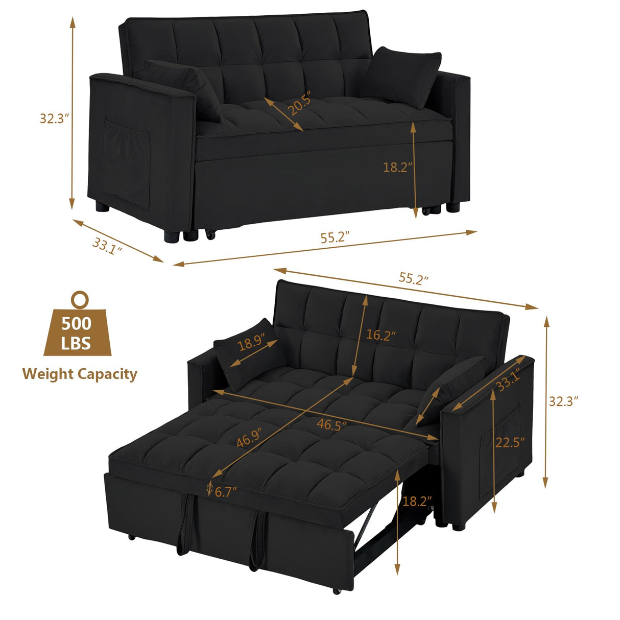 KIVENJAJA Convertible Sleeper Sofa Bed, Velvet Tufted Loveseat Couch with Pull Out Bed, Small Love Seat Futon Lounge Sofa Bed with 2 Pillows for Living Room Apartment, 55.2”W (Black) KIVENJAJA