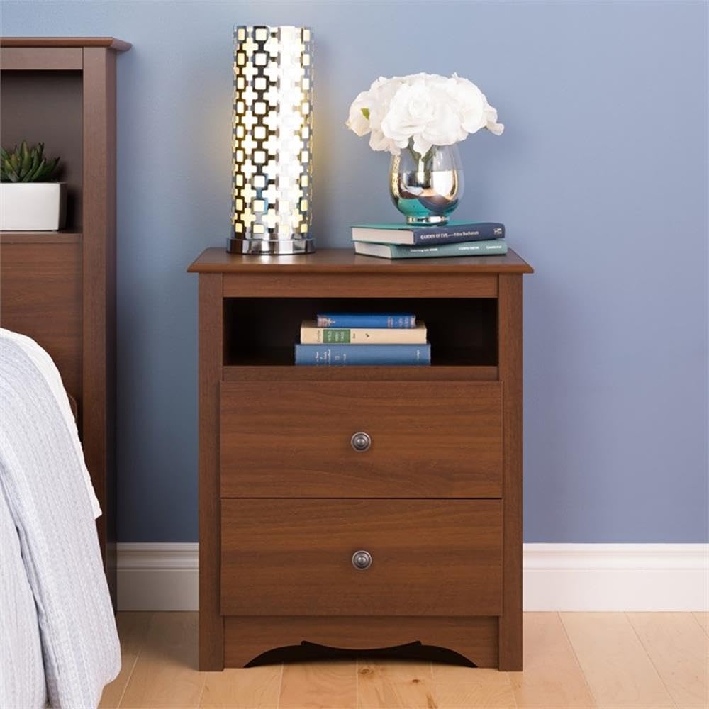Prepac Sonoma 2 Drawer Nightstand: Elegant Bedroom Furniture, Bedside Table with Open Shelf, 23.25"W x 16"D x 28"H, Cherry Prepac