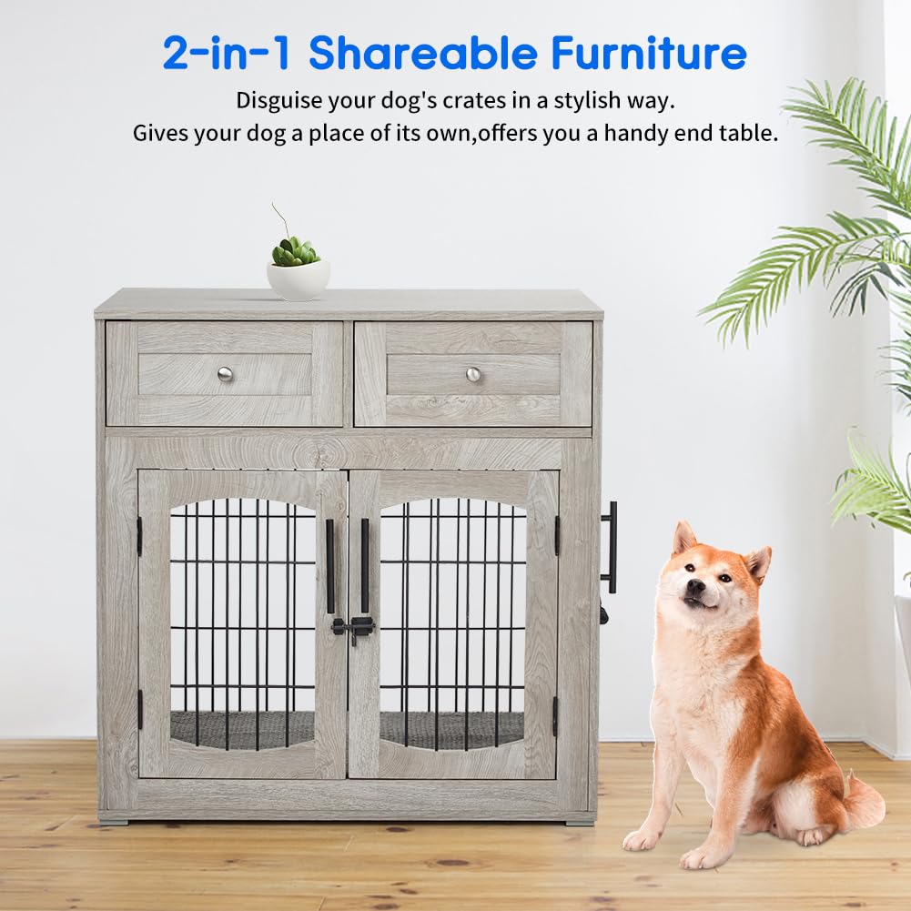 Dog Crate Furniture with 3 Doors,39.4" Large Dog Crate with 2 Drawer & Cushion,Wooden Dog House Kennel for Medium/Large Dog,Dog Crate Table Up to 130 lbs,Indoor End Table Dog House Knowfunn
