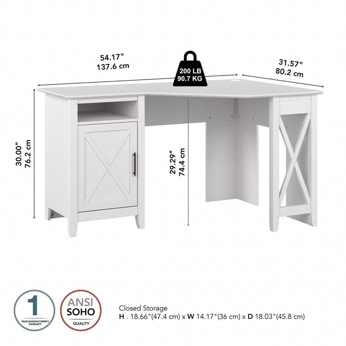 Bush Furniture Corner Computer Small Space, Office and Bedroom | Key West Collection L Desk with Storage and Aged Bronze Hardware, 54W, Pure White Oak Bush Business Furniture