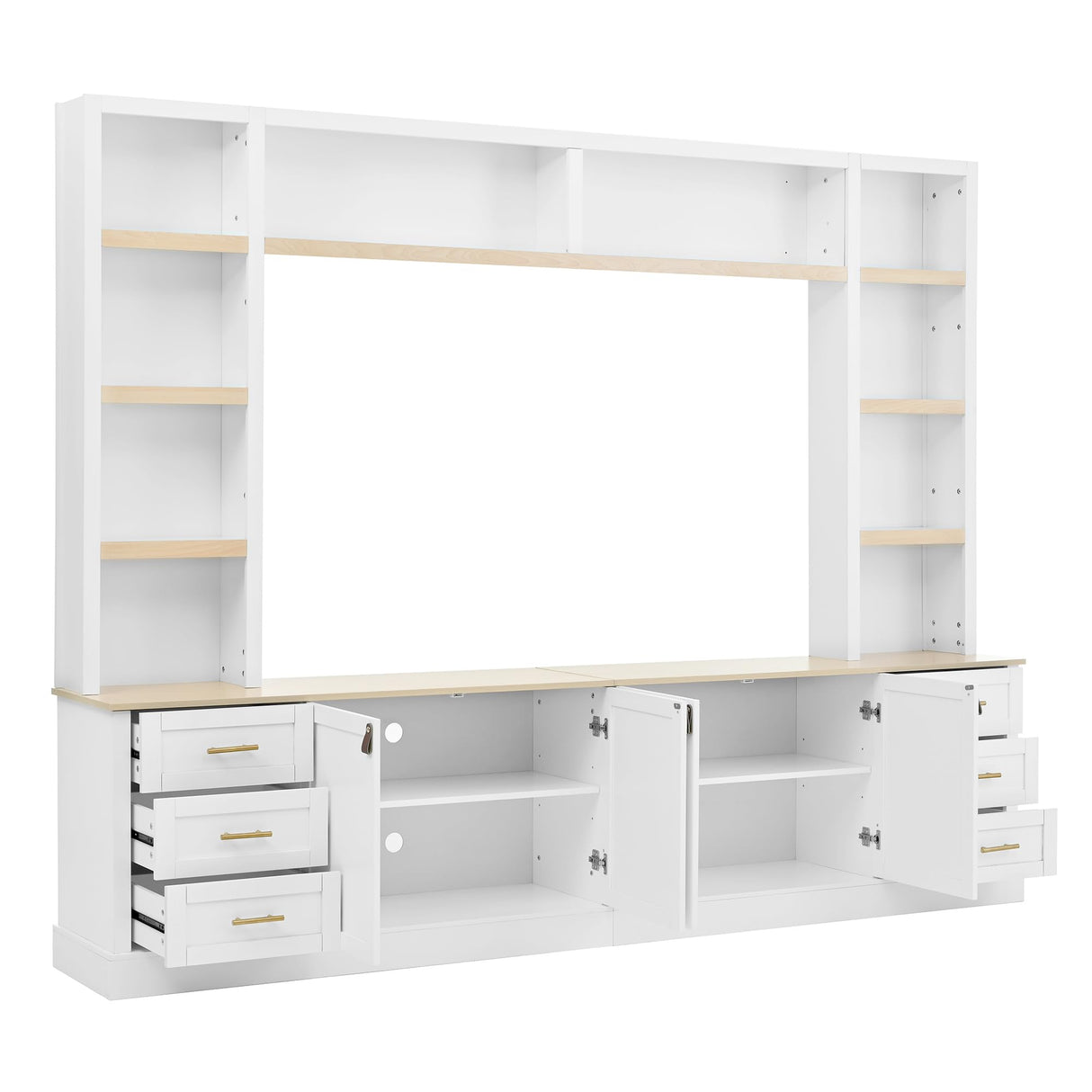 VilroCaz Modern 4-Piece Large TV Stand with Bookshelves for TVs Up to 75", TV Entertainment Center Wall Unit Media Center with Adjustable Shelves and 6 Drawers, TV Hutch for Living Room (White-8.17) VilroCaz