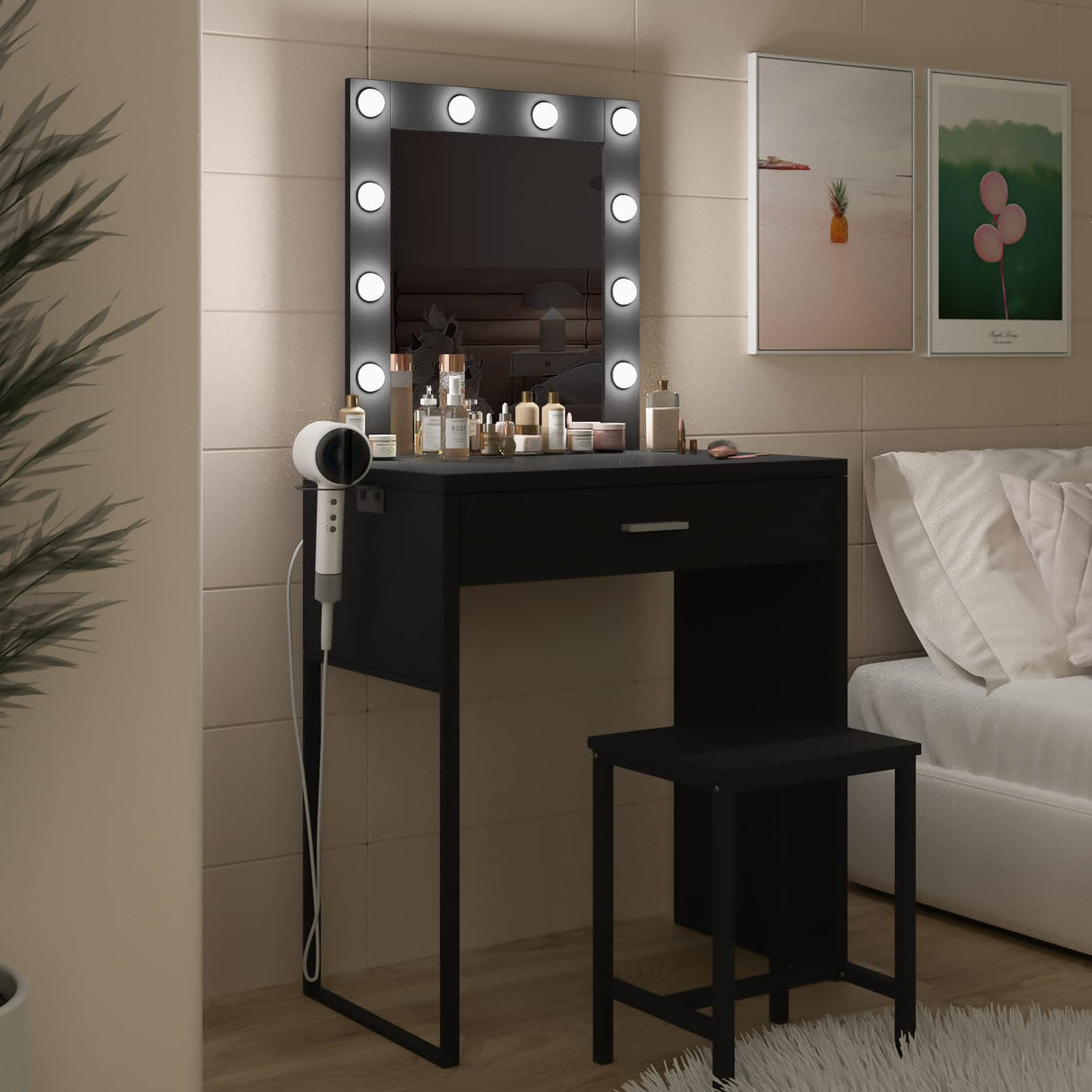 Titoni Makeup Vanity Desk with Mirror and Lights, Black Vanity Table and Chair Set, Brightness Adjustable, Small Vanity for Girls' Bedroom Titoni