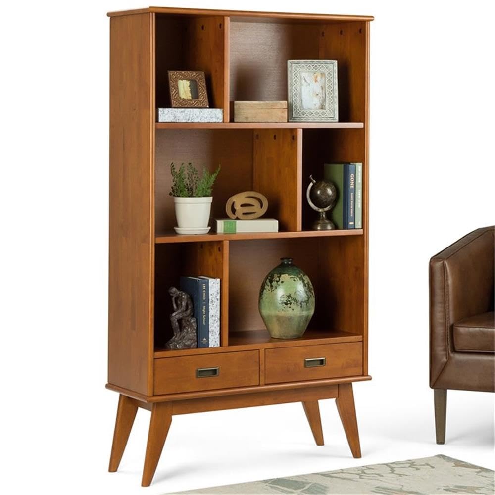 Allora 64" Mid Century Modern Solid Wood Wide Bookcase with 2 Drawers and 3 Shelves, for The Living Room, Study Room, Home Office, in Teak Brown Allora