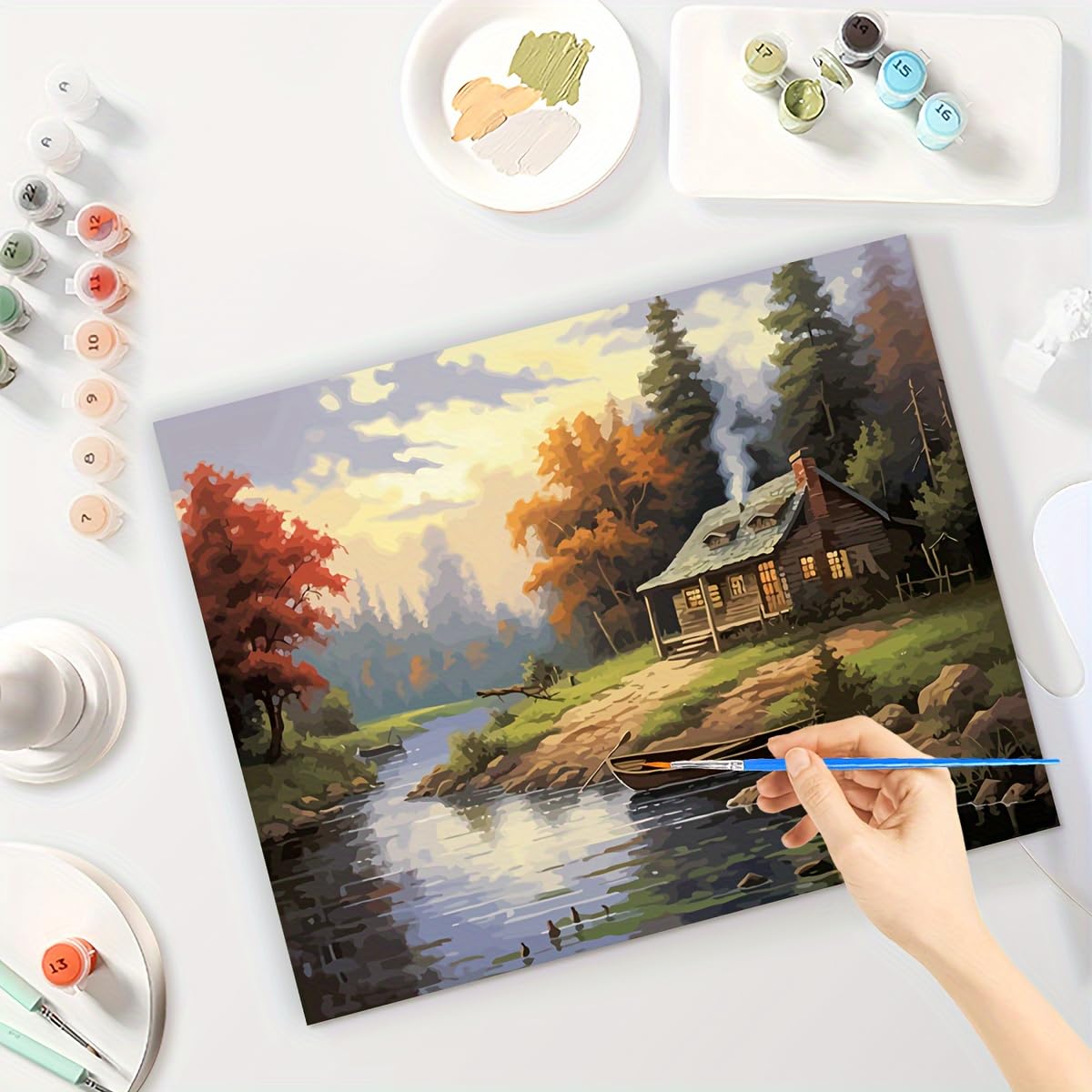 TAOPAOLAB Cabin by The Lake Paint by Numbers Kit for Adults - DIY Autumn Landscape Painting on Canvas 16x20 Inches, Acrylic Paint Set, Suitable for Beginners, Rustic Art Kit for Home TAOPAOLAB