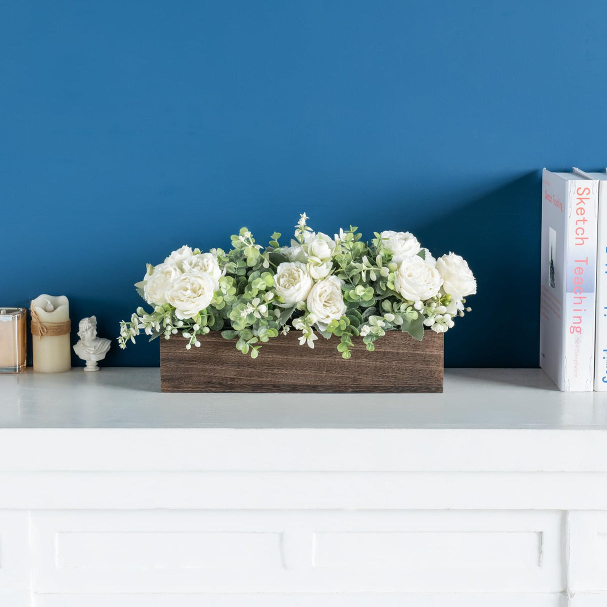 Dahey Centerpiece Table Decorations for Dining Room Farmhouse Living Room Table Centerpieces Decor Wood Tray with 3 Artificial Flowers and 2 Eucalyptus for Kitchen Table, 14.1" x 4.7" x 3.1", White Dahey