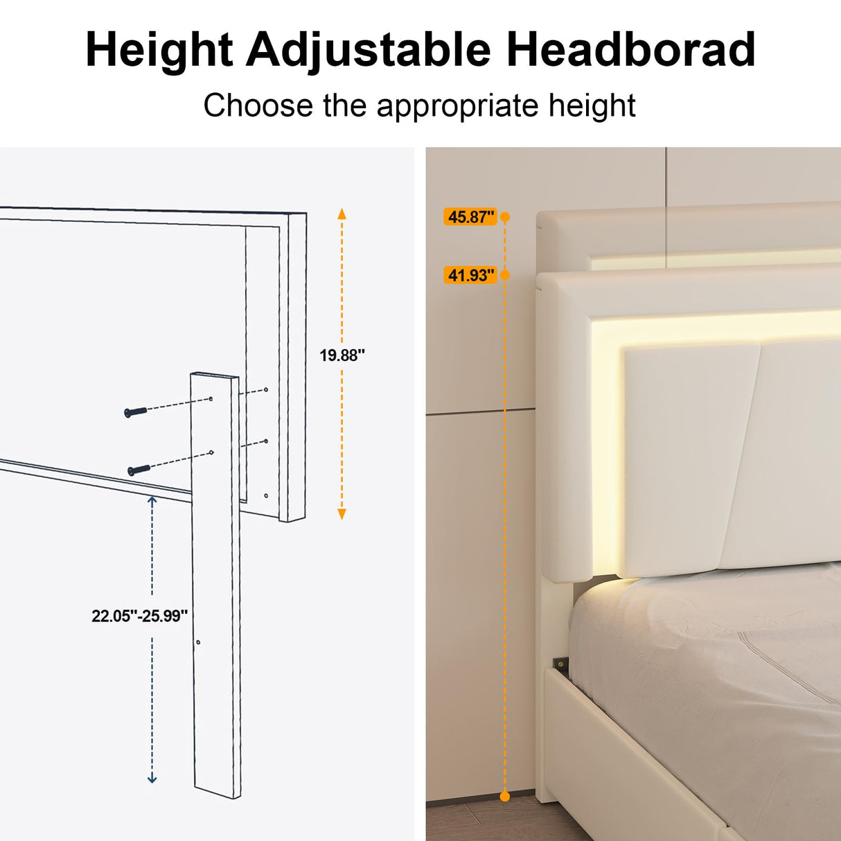 Queen Size Bed Frame with 4 Storage Drawers and LED Lights, Upholstered Platform Bed with Adjustable Headboard and Charging Station, Metal Slats Support, No Box Spring Needed,Easy Assembly, White E-Motie