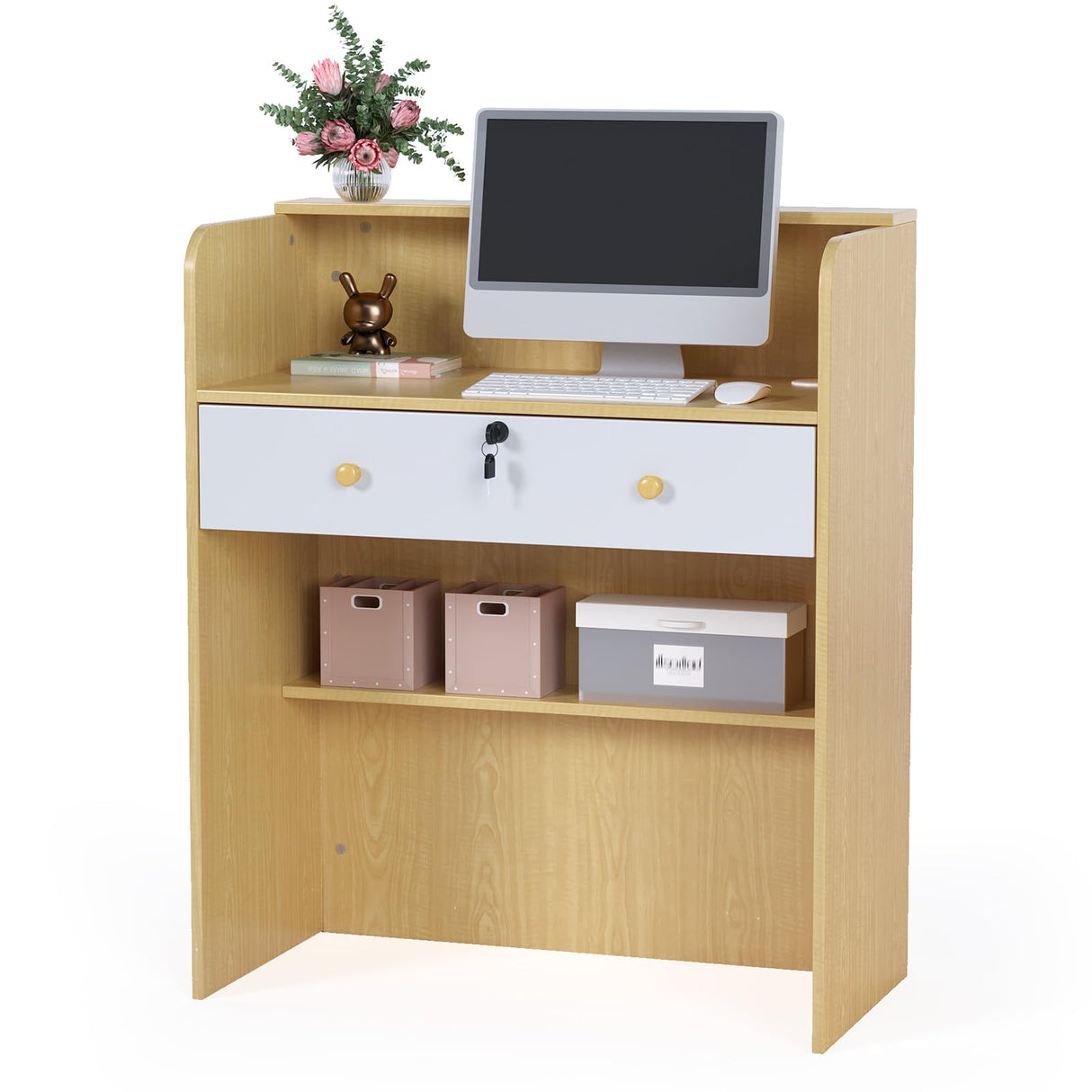OmySalon Reception Desk with Counter, Small Front Desk w/Lockable Drawer, Wooden Modern Reception Table for Salon Lobby Office Home (Original Wood, 32) OmySalon