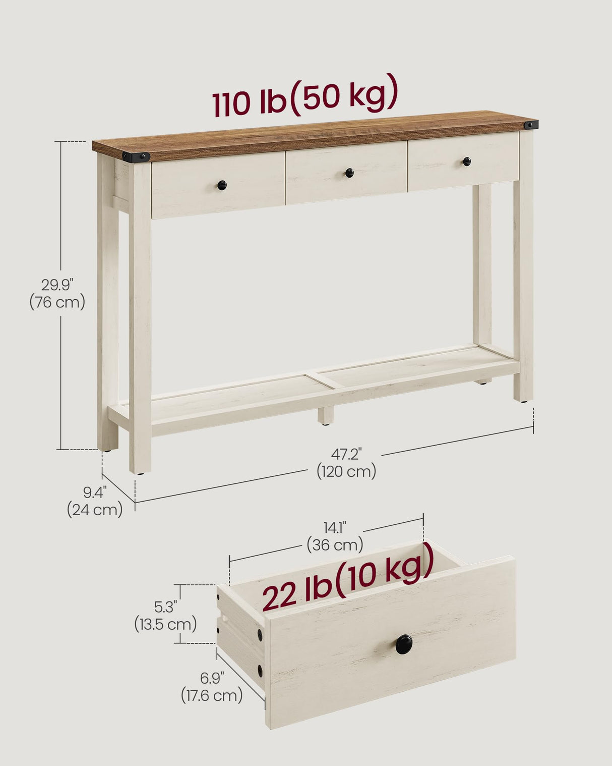 VASAGLE Console Table, Sofa Table, Narrow Entryway Table, Entry Table with 3 Drawers, Open Storage Shelf, Metal Corners, for Living Room, Farmhouse Style, Honey Brown and Rustic White ULNT142WJ02S VASAGLE