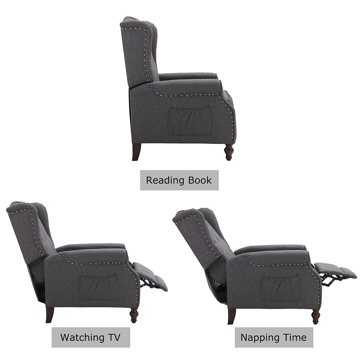 B BAIJIAWEI Tufted Wingback Recliner - Massage & Heat Function - Fabric Push Back Recliner with Remote Control, Adjustable Backrest (Grey) B BAIJIAWEI
