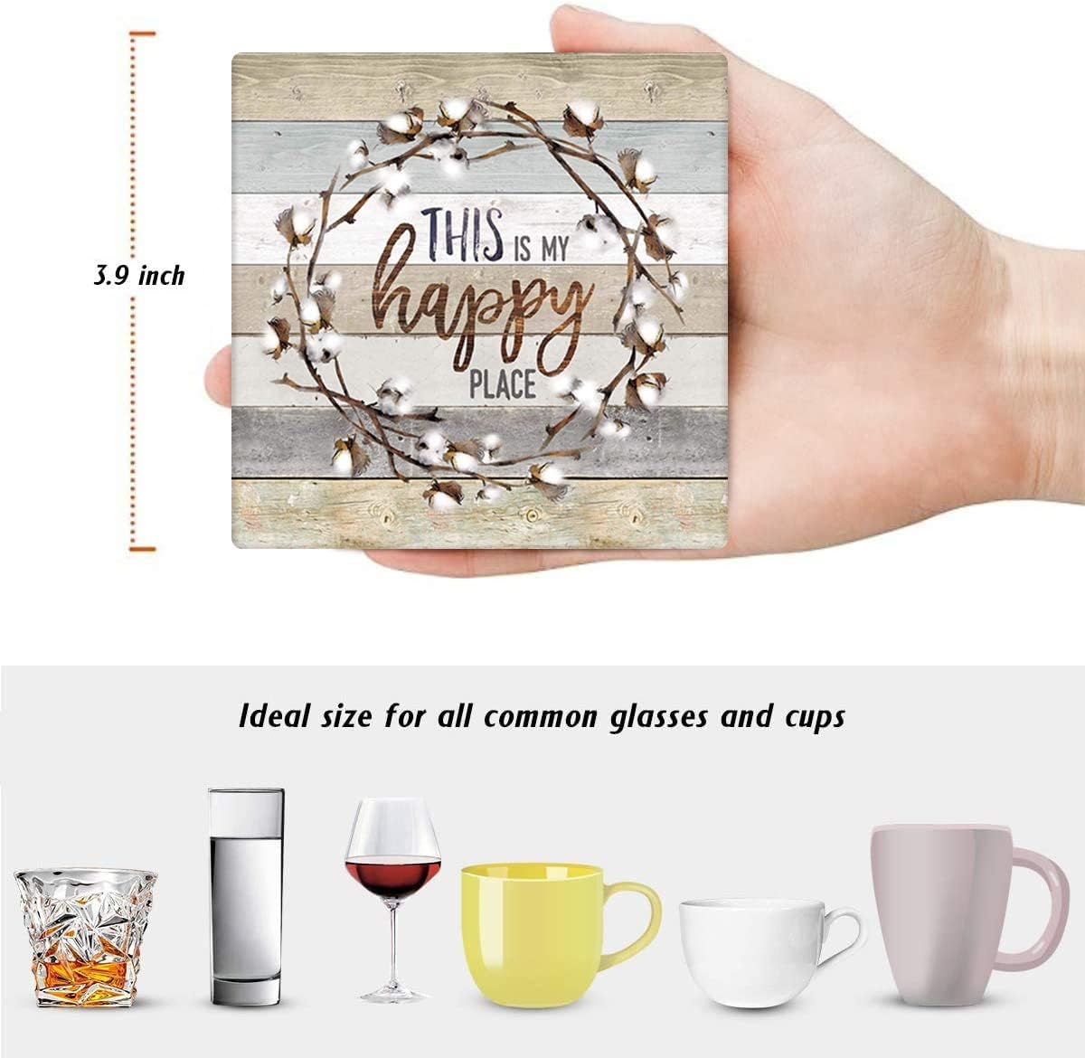 Britimes Coaster for Drinks Set of 6, Worn Wood Absorbent Square Ceramic Stone Mat, with Cork Base and Metal Holder, Gift for Housewarming Room Bar Decor Britimes