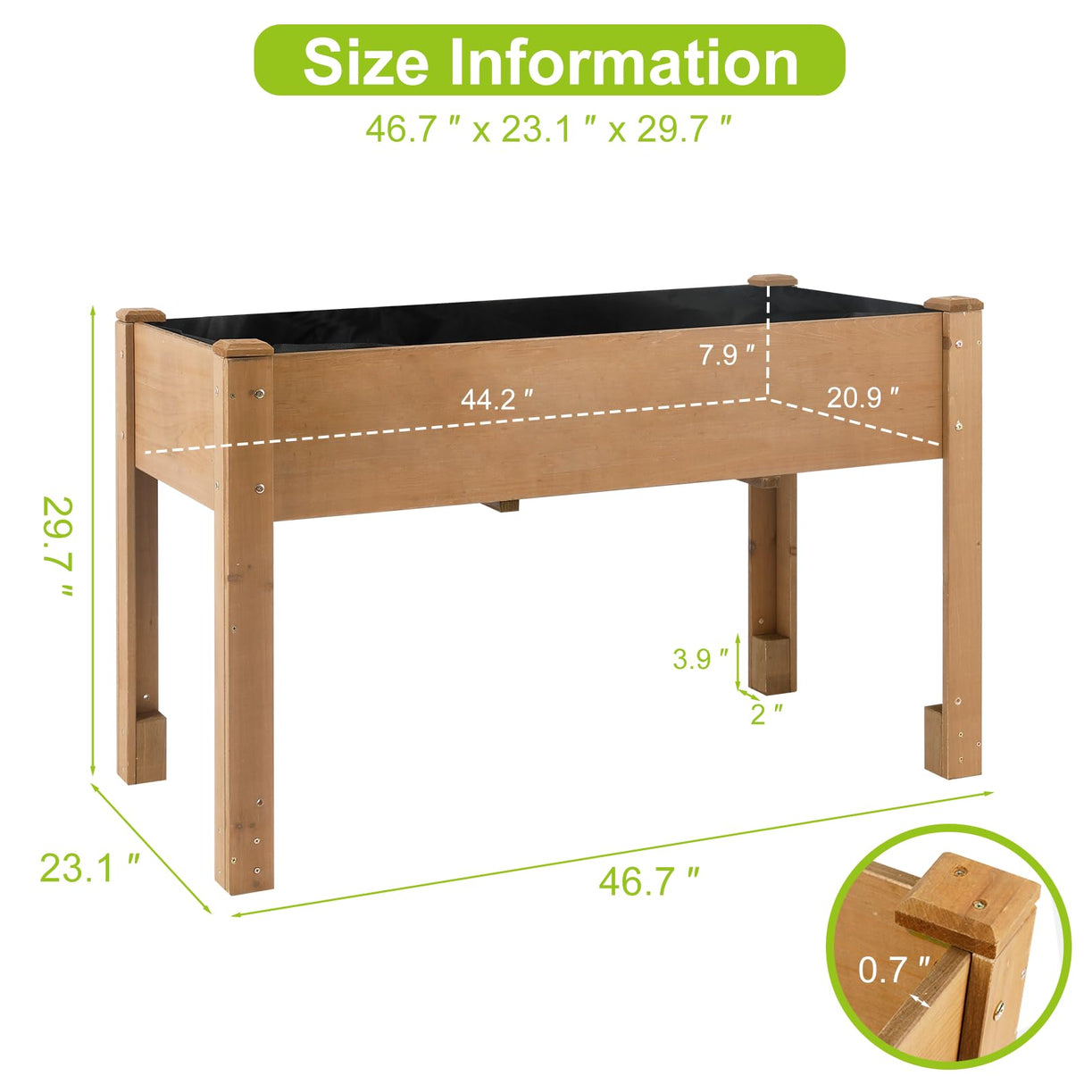ketive Outdoor Wood Raised Garden Bed- Elevated Planter Box with Legs, Durable Fir Wood, Reinforced Frame with Drainage Holes, Liner for Vegetables, Herbs, Flowers, 47" x 23"x 30" ketive