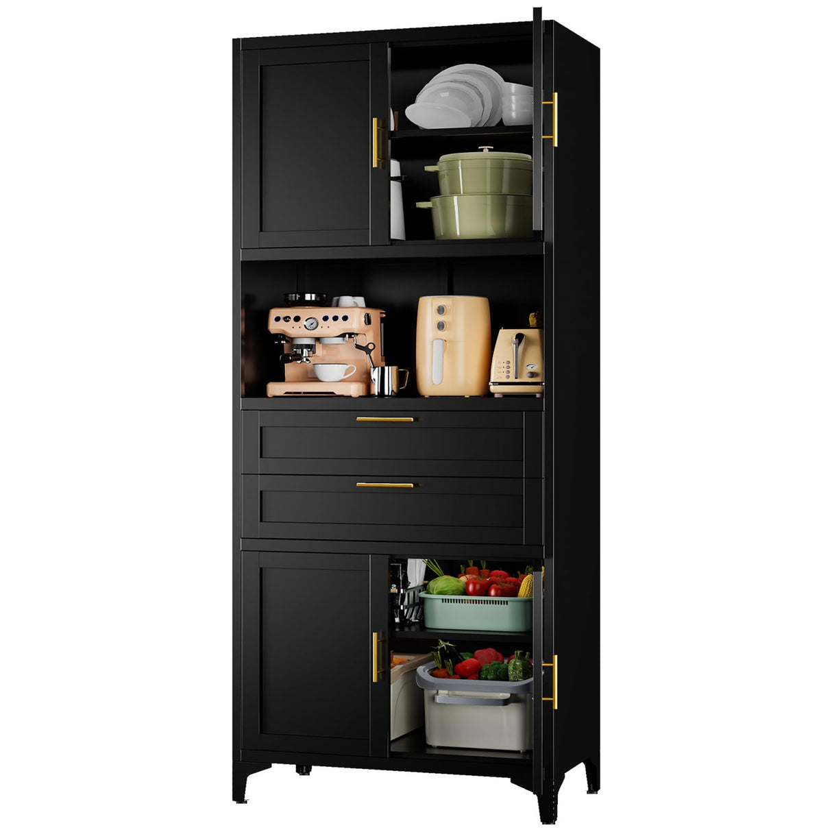 FogQueen 75" Tall Metal Storage Cabinet,Pantry Storage Cabinet with 2 Drawers and Open Space,Kitchen Cupboard with Adjustable Shelves,Multi-Functional Cabinet for Living Room,Bathroom,Garage (Black) FogQueen
