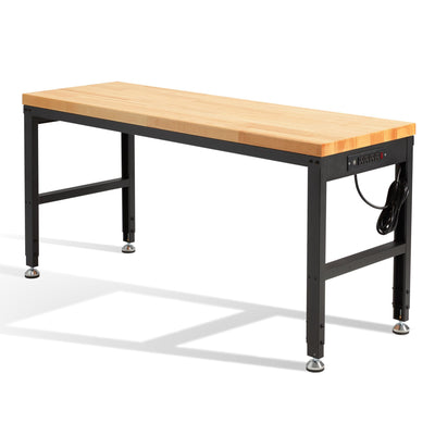 HABUTWAY Height Adjustable Workbench, 60"x20" 2000 Lbs Capacity Solid Wood Work Station Heavy-Duty, with Power Outlets, for Garage Party Shop Office
