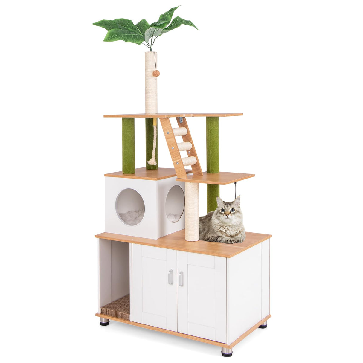Tangkula Cat Tree with Litter Box Enclosure, 2-in-1 Cat Tower with Condo, Sisal Scratching Posts, Hanging Rope, Dangling Balls, Scratching Pad, Hidden Litter Box Furniture for Indoor Cats (White) Tangkula