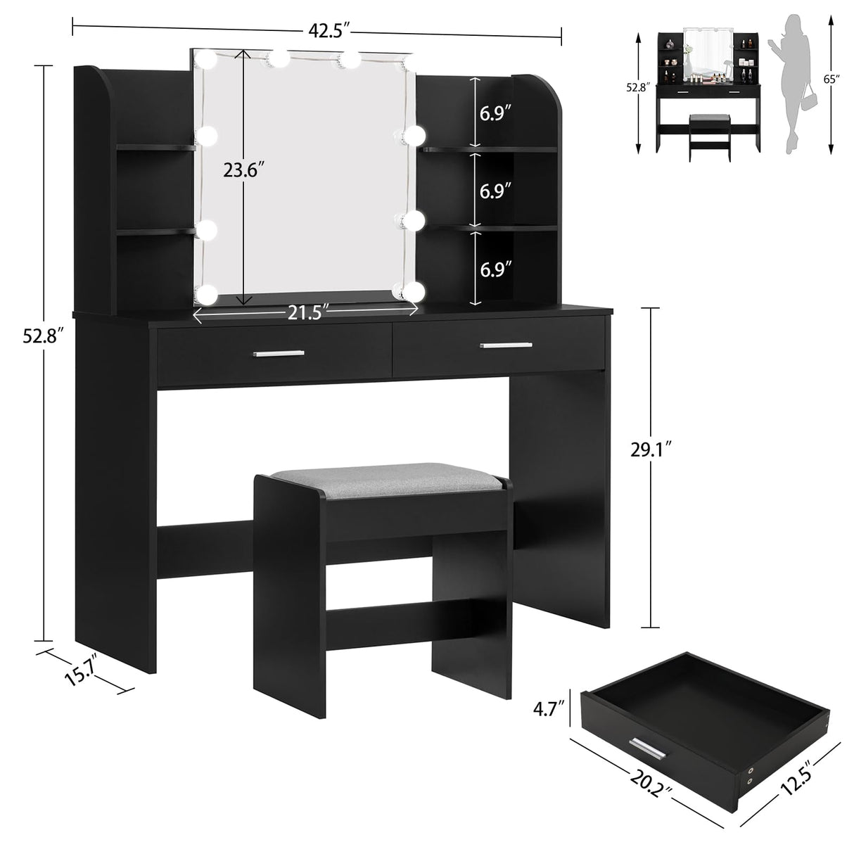 usikey Makeup Vanity with Mirror and 10 LED Lights, Vanity Makeup Table Set with 2 Drawers and Open Shelves, Makeup Vanity Desk Dressing Table with Cushioned Stool, Black usikey