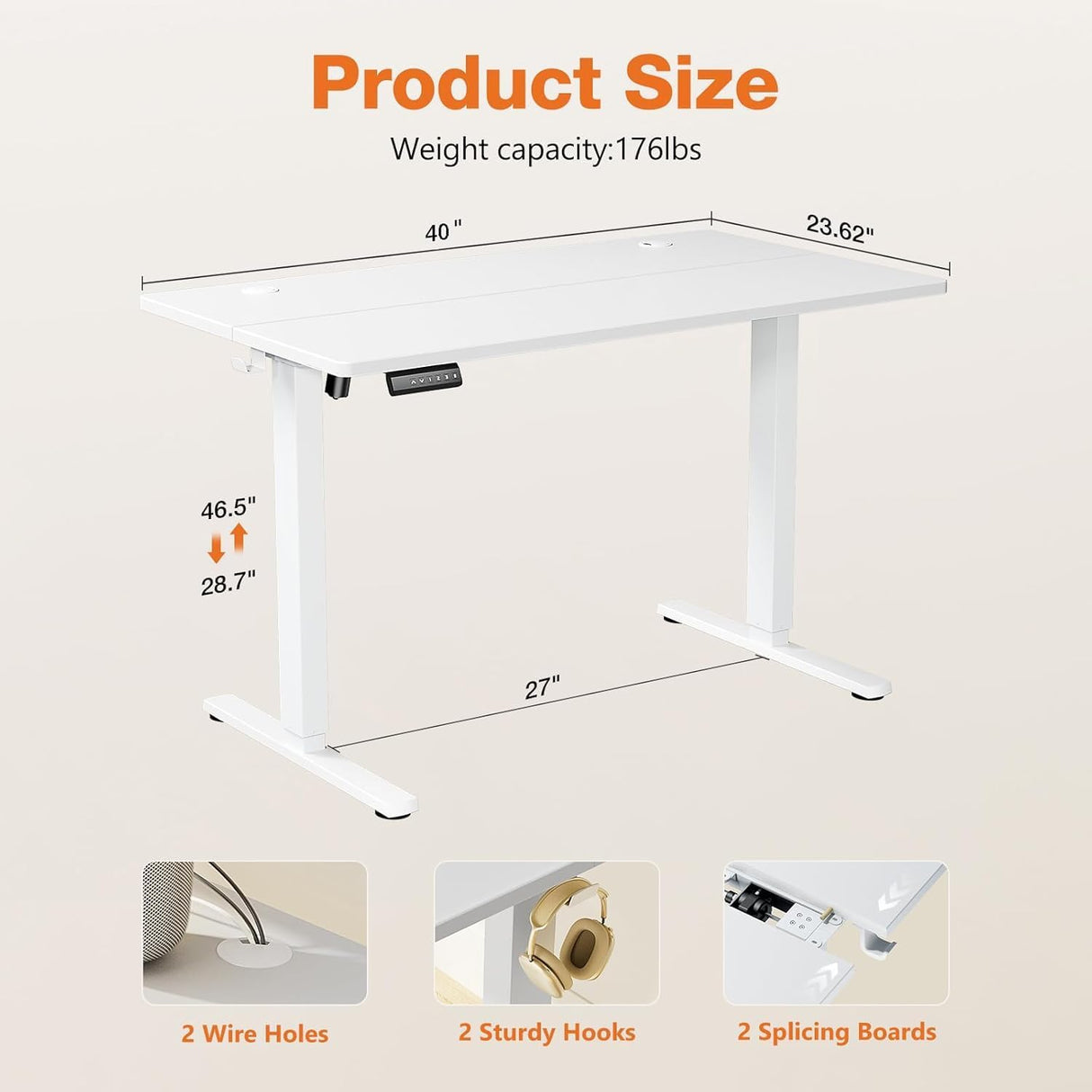 Sweetcrispy Height Adjustable Electric Standing Desk, 40 x 24 Inch Sit to Stand Up Computer Workstation Rising Gaming Office Table with 3 Memory Presets, Splice Board, T-Shaped Bracket Home Sweetcrispy