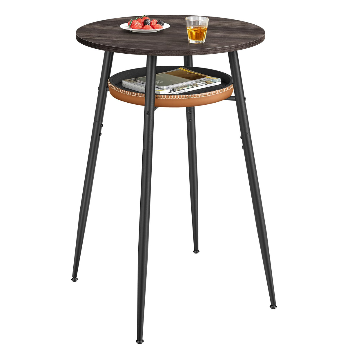 VASAGLE EKHO Collection - Bar Table with Storage, Round High Pub Table, Synthetic Leather with Stitching, Mid-Century Modern, Kitchen Home Bar, Living Room, Easy Assembly, Ash Brown and Caramel Brown VASAGLE
