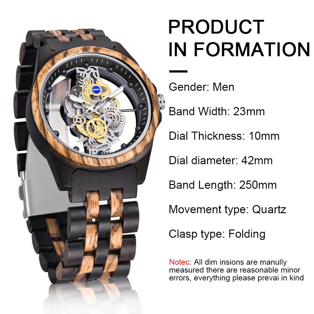 Dentily Men's Hollow Analog Wooden Watch Retro Gear Carving Design Transparent Dial Quartz Watch for Men Dentily