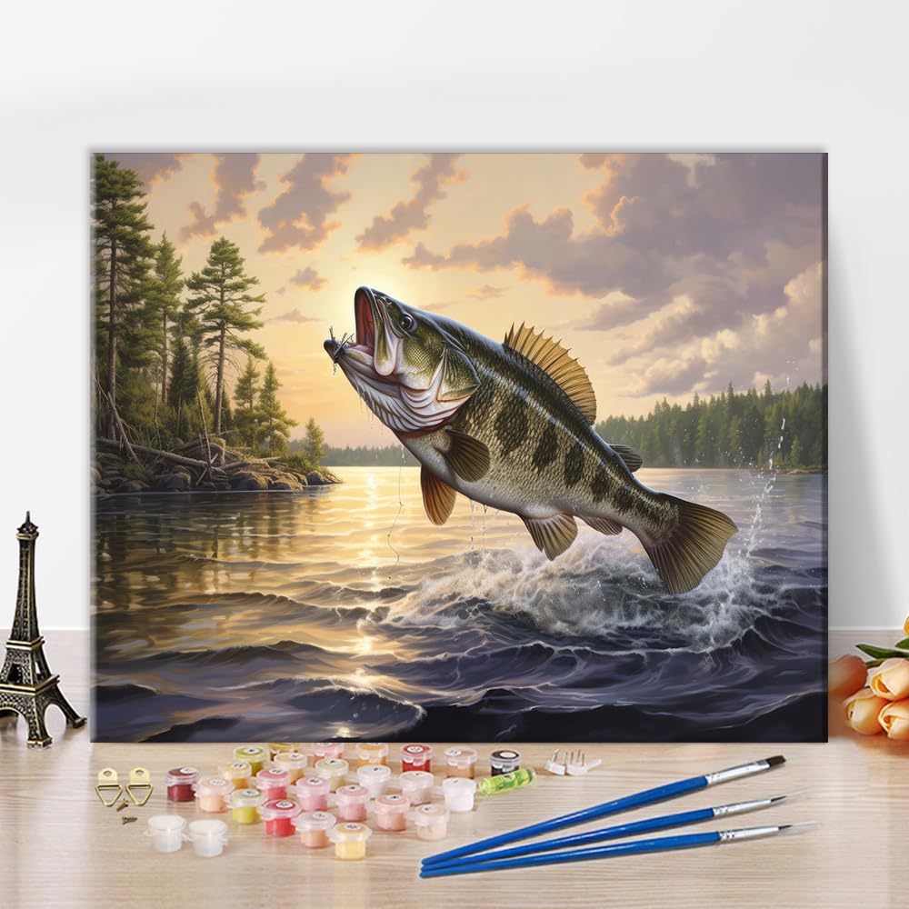 TUMOVO Paint by Numbers Kit for Adults Largemouth Bass Paint by Numbers for Adults Fish Jumping Out of Water Painting Adult Paint by Number Kits on Canvas Oil Painting Art Crafts 16x20 in TUMOVO