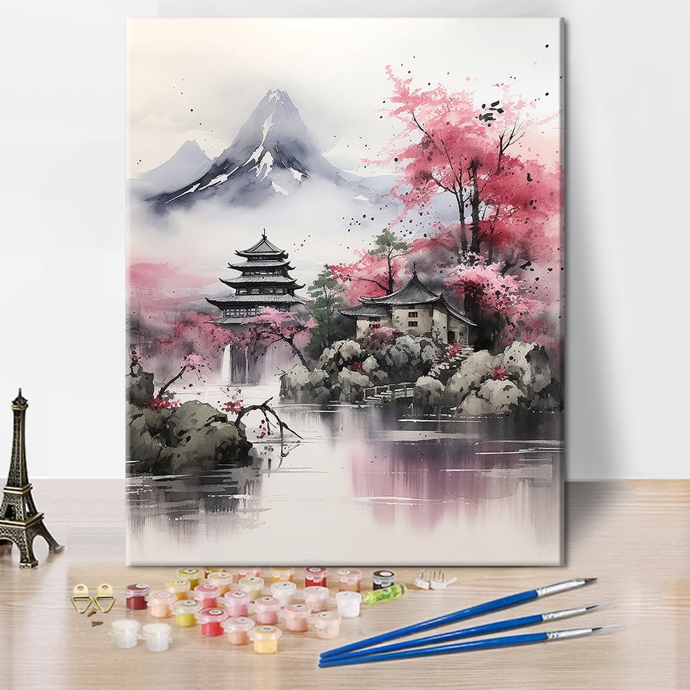 TUMOVO DIY Paint by Number for Adult, Japanese Paint by Numbers, Japan Nature Landscape Adult Paint by Numbers Kits on Canvas, 16X20 Inch Mountain Paint by Numbers for Adults Beginner TUMOVO