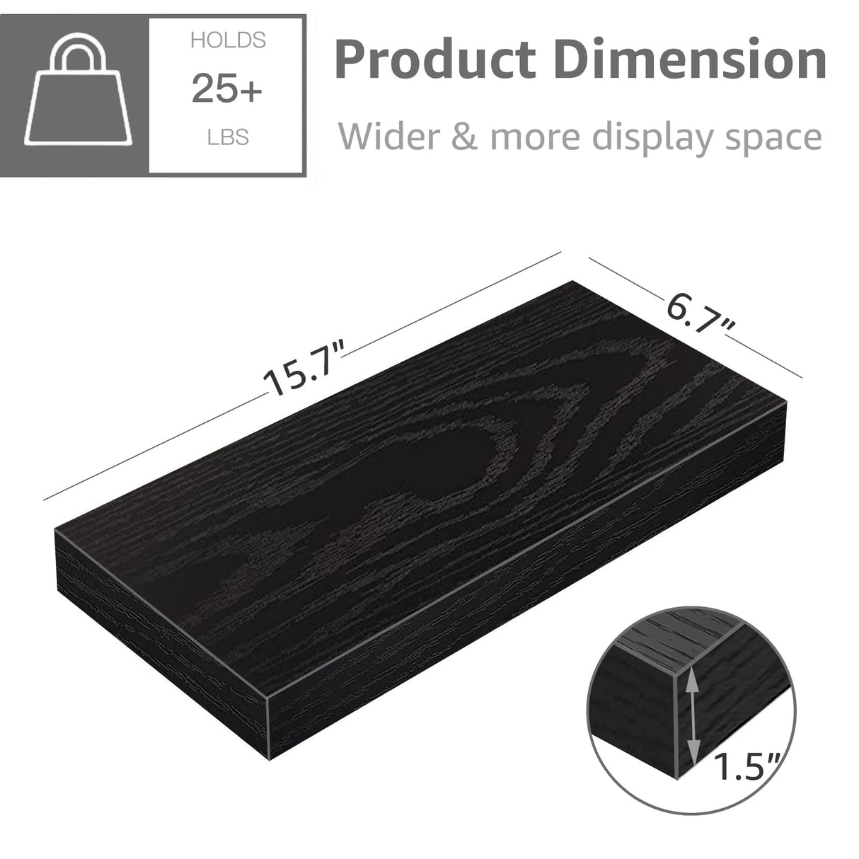 QEEIG Floating Shelves for Wall Bathroom Shelf Bedroom Kitchen Living Room Hanging Book Shelves Small Farmhouse Decor 16 inch Set of 3, Black (015-B3) QEEIG