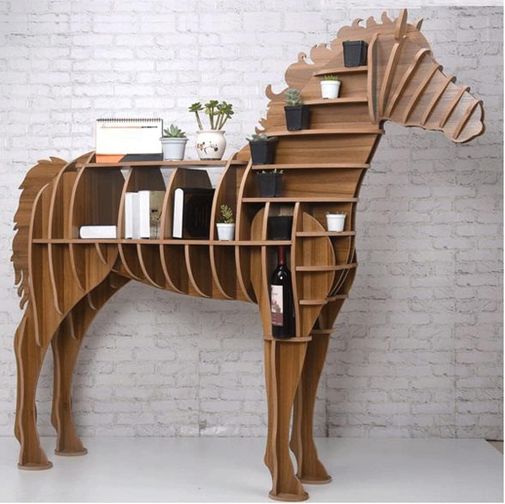 Rieort Fashion Bookshelf Solid Wood Bookshelf Horse Shaped Bookcase Creative Storage Display Cabinet Bookshelves Large Capacity Design Rack Bookcase not Shaking Rieort